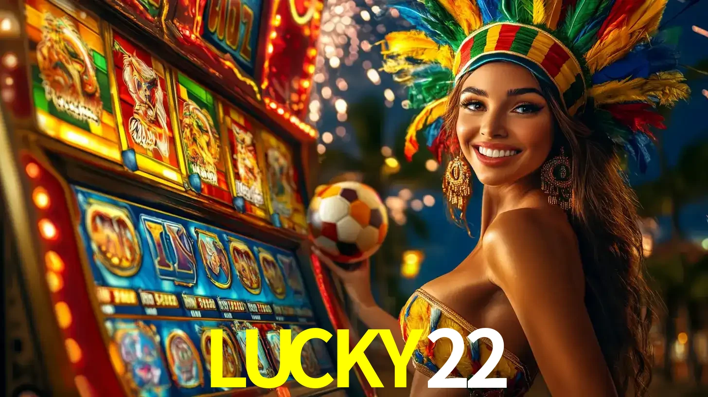 Mulher com um cocar de carnaval ao lado de uma máquina de caça-níqueis enquanto segura uma bola de futebol, mostrando a união da diversão de cassino e esportes no LUCKY22.