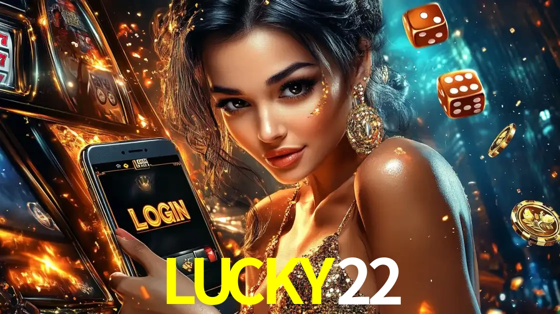 Mulher glamourosa segurando um celular com a tela de login do cassino LUCKY22, rodeada por dados e moedas douradas, pronta para começar a diversão.