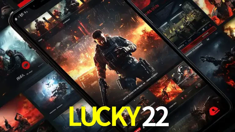 Tela de um celular exibindo uma galeria de jogos de tiro com temática militar, mostrando a variedade de e-sports disponíveis para apostas na plataforma de entretenimento LUCKY22.
