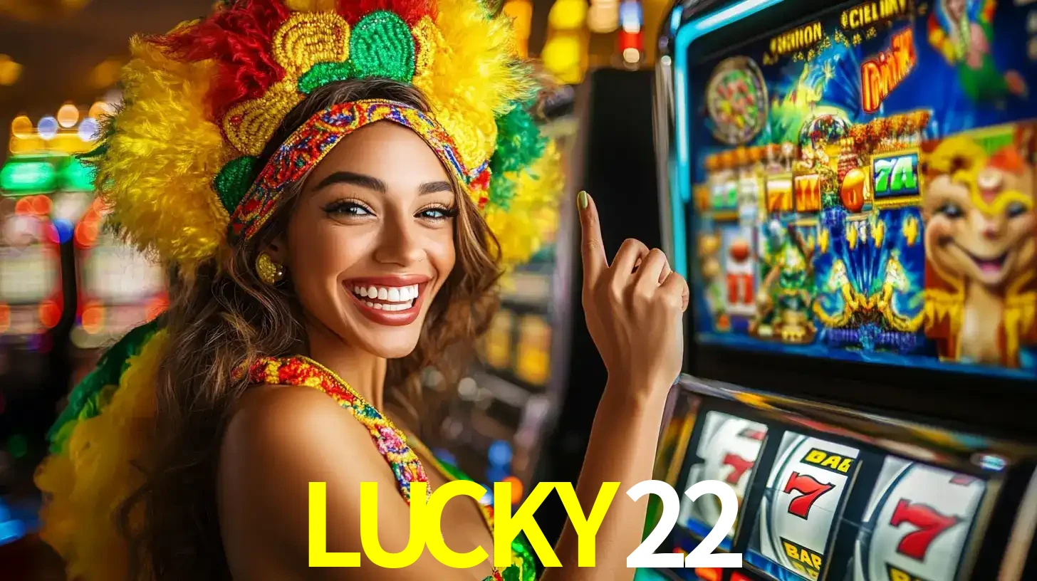 Mulher animada com um cocar de carnaval apontando para uma máquina de caça-níqueis, mostrando a emoção de ganhar um grande prêmio nos jogos do LUCKY22.