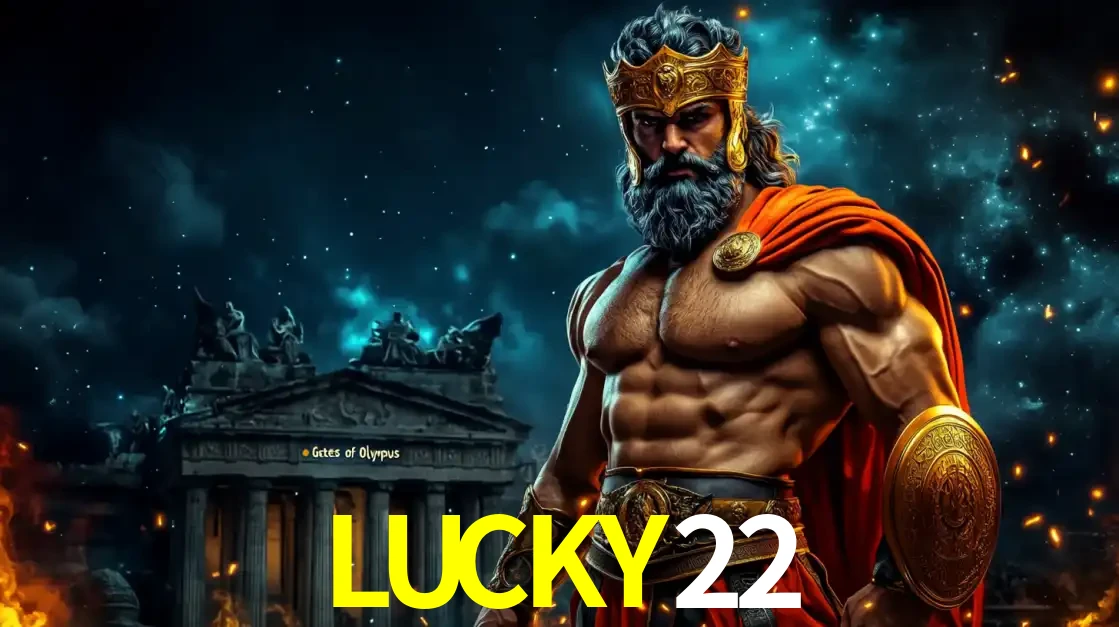 O poderoso Zeus do jogo de slot Gates of Olympus em frente ao seu templo, pronto para lançar multiplicadores divinos e prêmios épicos no cassino online LUCKY22.