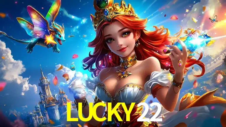 A princesa de um reino de fantasia mágico, com seu pequeno dragão, apresentando um mundo de prêmios encantados nos jogos de caça-níqueis do cassino LUCKY22.