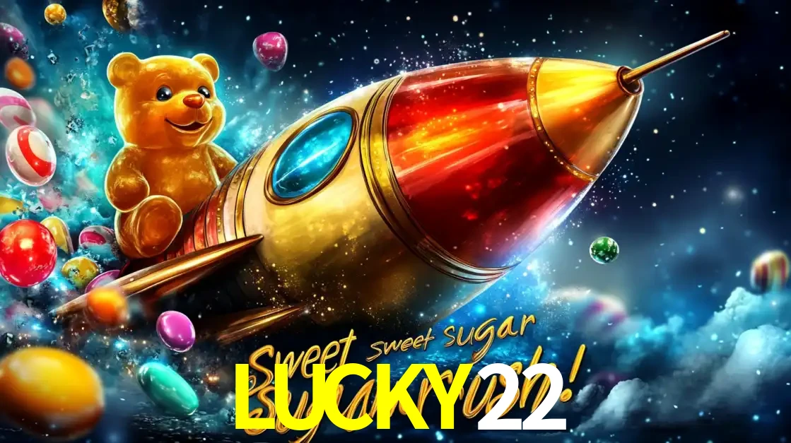 Arte promocional do jogo de slot Sugar Rush, com um urso de pelúcia em um foguete viajando pelo espaço de doces, um dos jogos divertidos disponíveis no cassino LUCKY22.