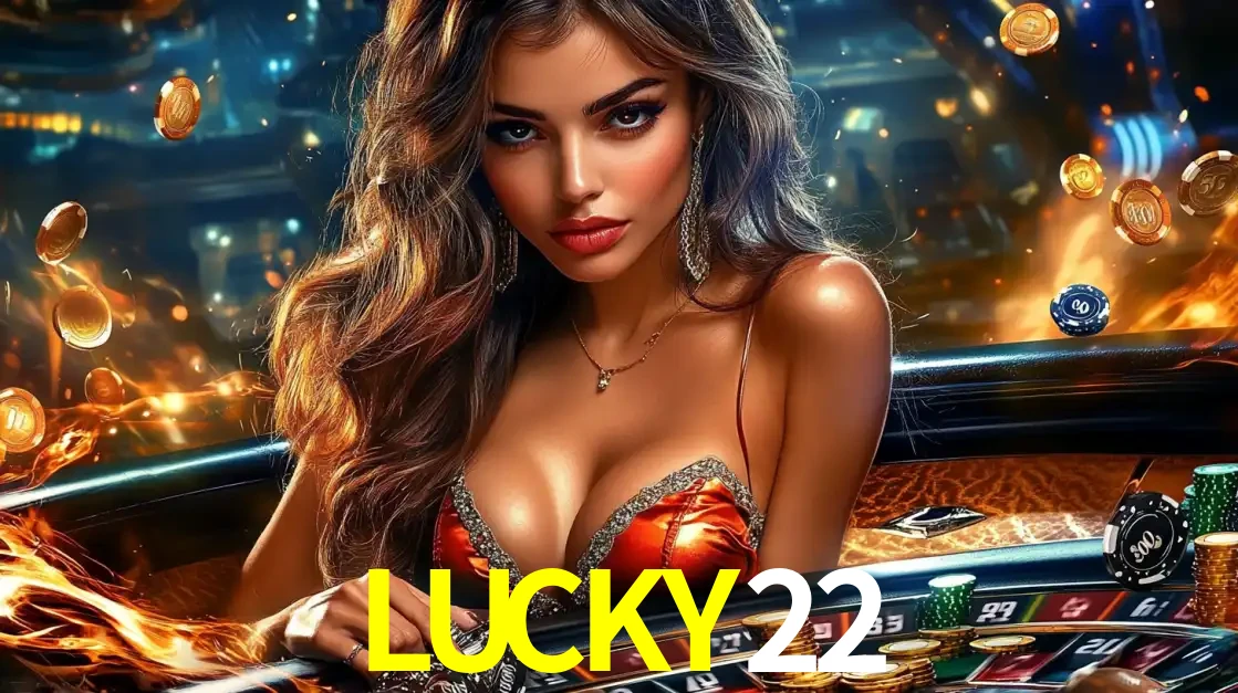 Mulher glamourosa em uma mesa de roleta com um fundo de chamas e moedas voadoras, pronta para fazer sua aposta e ganhar grandes prêmios no cassino ao vivo LUCKY22.
