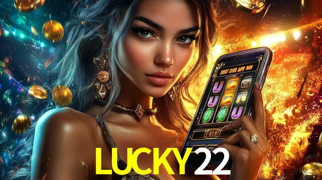 Mulher elegante mostrando um jogo de caça-níqueis em seu smartphone, destacando a experiência de cassino móvel oferecida pelo aplicativo LUCKY22.