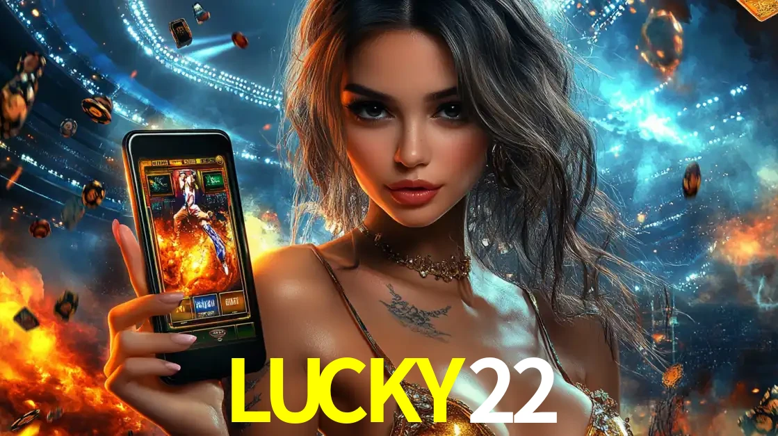 Mulher segurando um celular com um jogo de slot em destaque, tendo como fundo um estádio vibrante, simbolizando a emoção de jogar no cassino móvel LUCKY22.